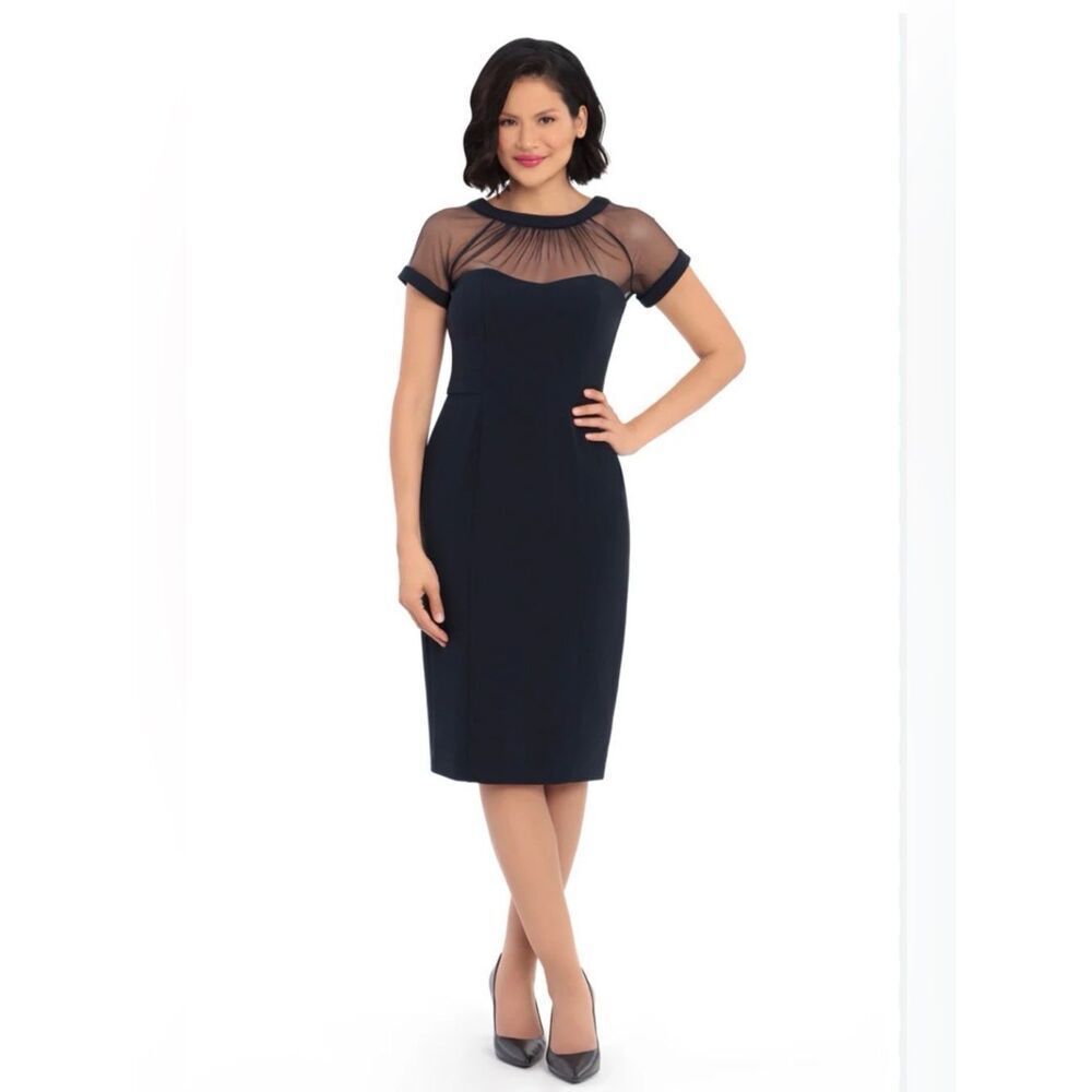 Maggy London Illusion Sheath Classic Yoke Crepe Timeless Little Black Dress sz 6